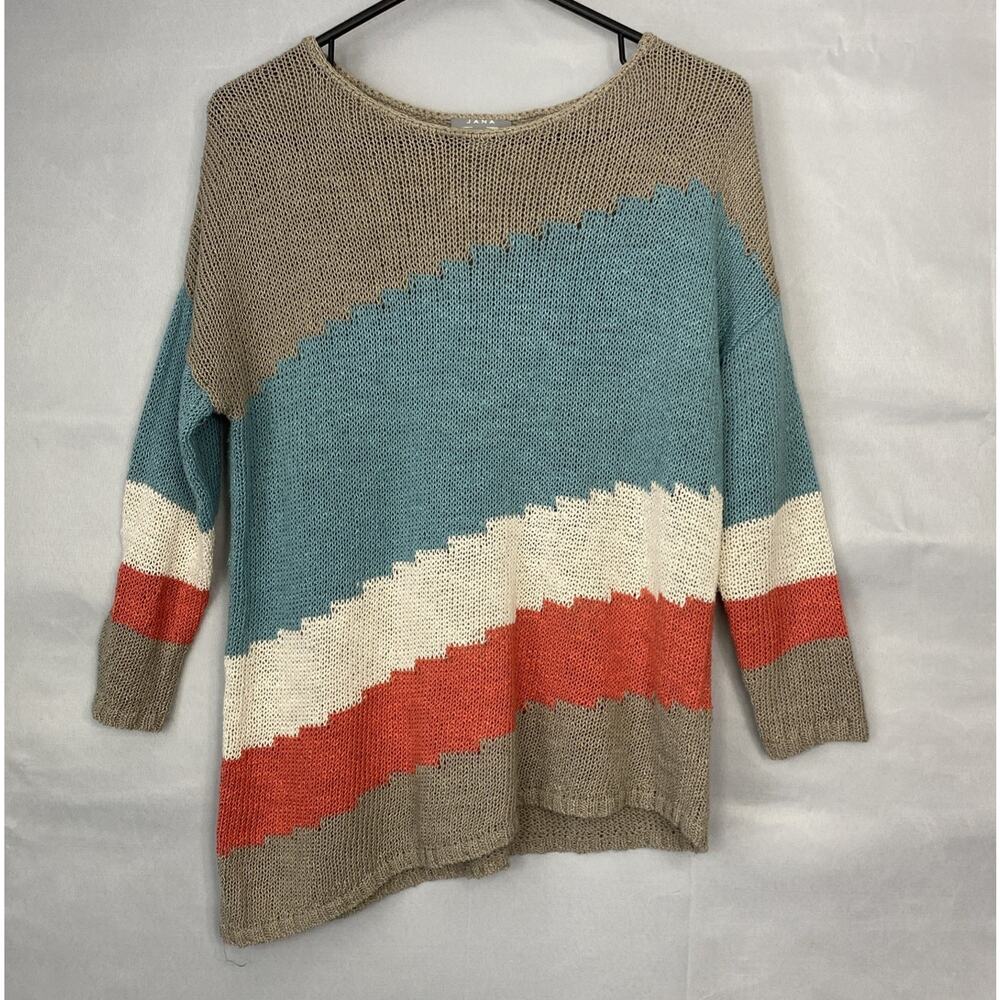 JANA Sweater Womens S Striped Asymmetrical Hem Beige Neutral Drop Shoulder Baggy